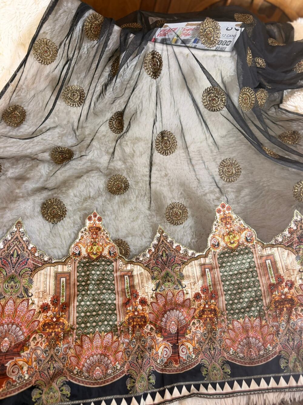 Sheer Black Zari Indo‑Boho Shawl / Pashmina‑Style Wrap w/ Ornate Border